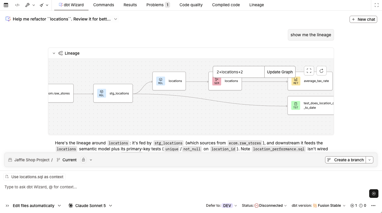 dbt Wizard refactoring a model and displaying the lineage inside the chat interface. dbt Wizard refactoring a model and displaying the lineage inside the chat interface.